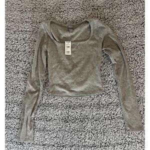 Tillys Womens Ribbed Crop Long Sleeve Tee Sz Small Gray Fitted Boxy Skater NWT